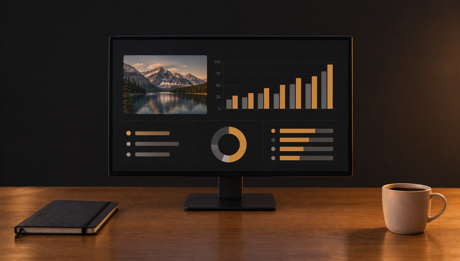 The same monitor with the charts toned down in amber on a dark screen, under a warm lamp