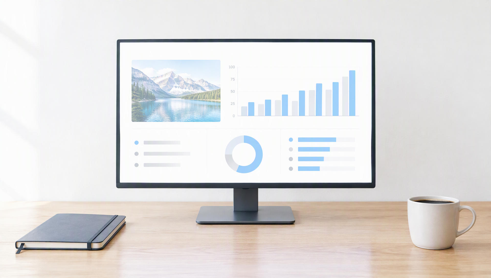 A monitor with a bright white analytics screen on a pale desk, glaring in daylight