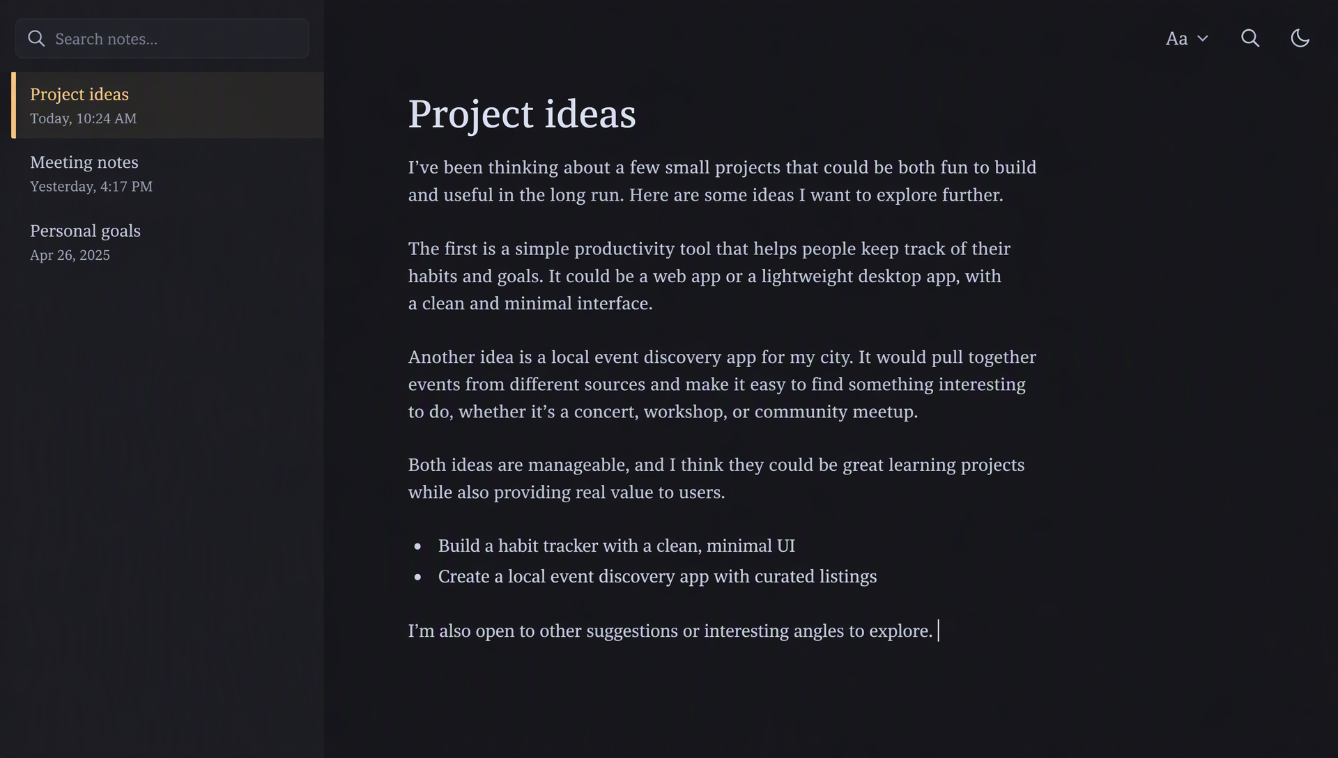 The same notes app on the dark page