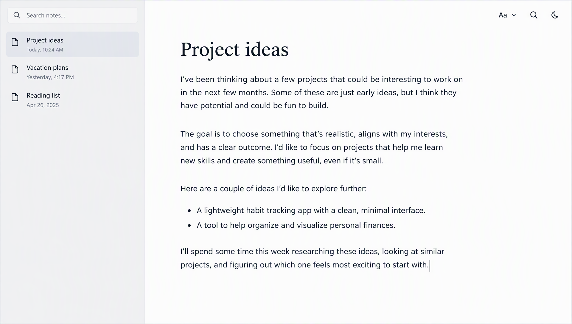 A notes app on a bright white page