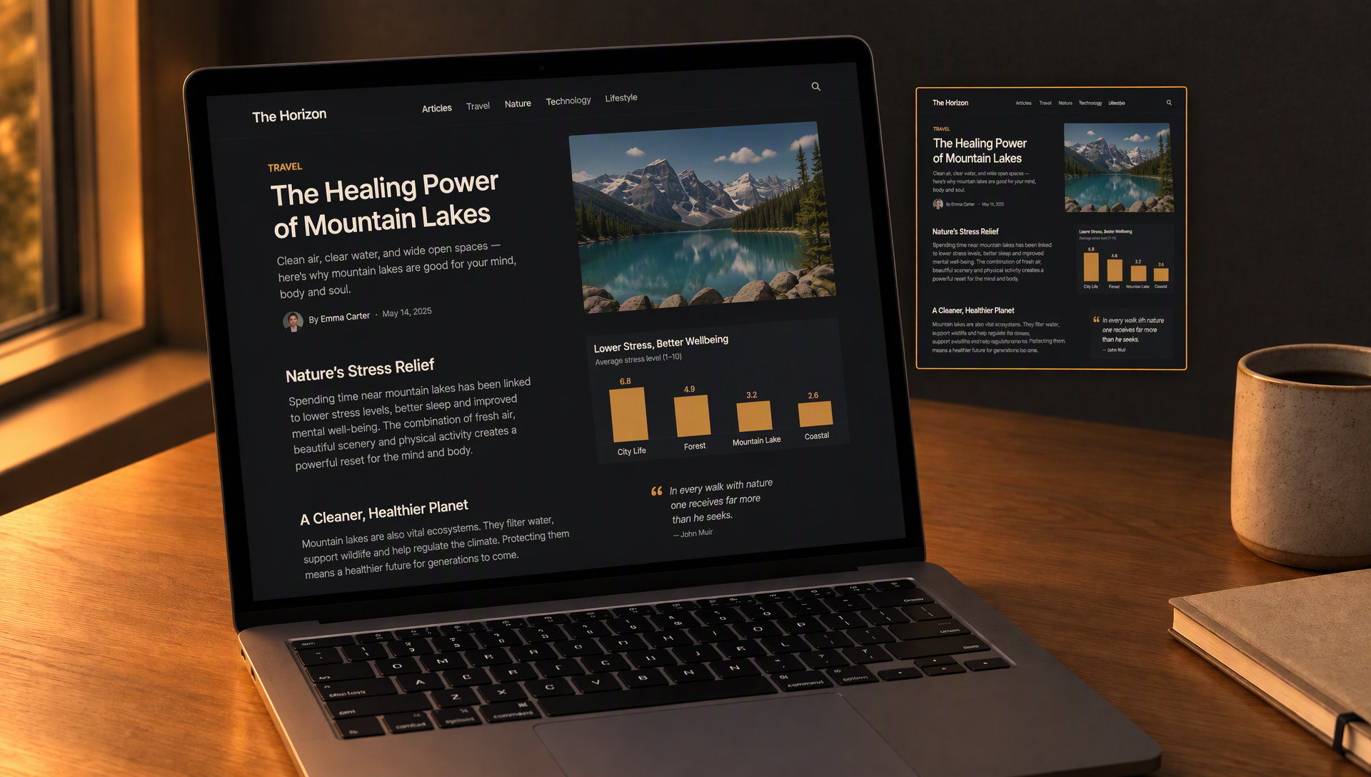 The same laptop with the article in a dark tone and amber accents, under a warm lamp